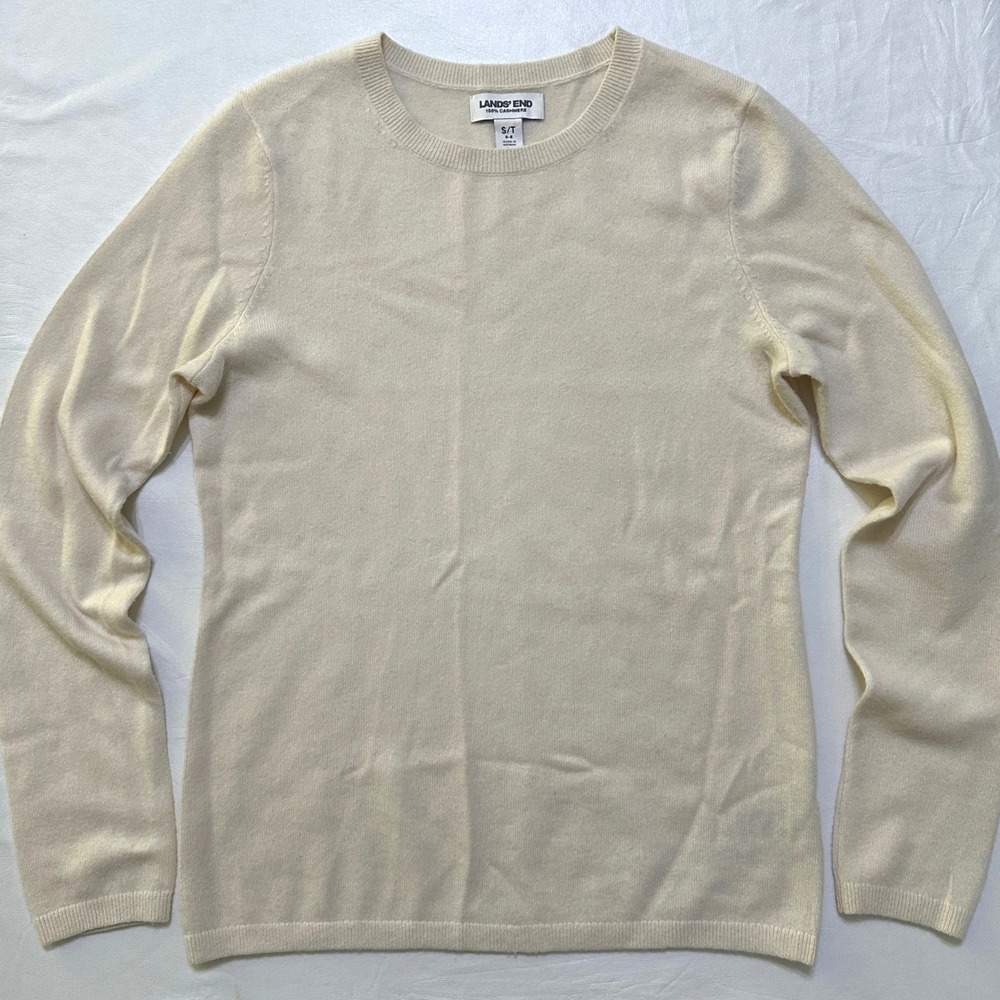 Lands End 100% Cashmere Sweater S/T Cream Crewneck Pullover Quiet Luxury Preppy